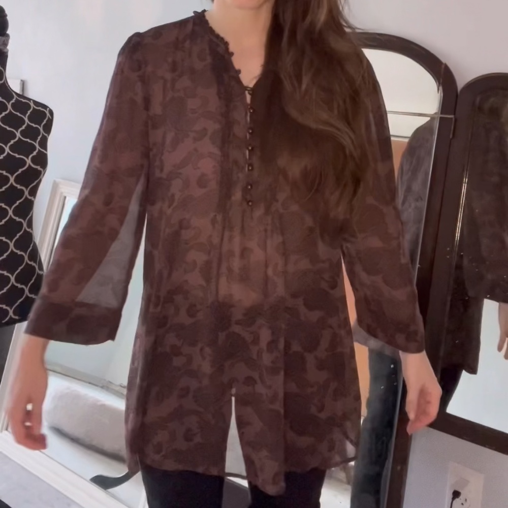 Fall Work Blouse, Cute Paisley Tunic with Sheer Fabric